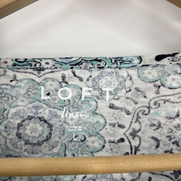 Loft Top Size Large Womens Blue Medallion Print Linen Cut Out Flutter Sleeve Tee - Picture 3 of 9